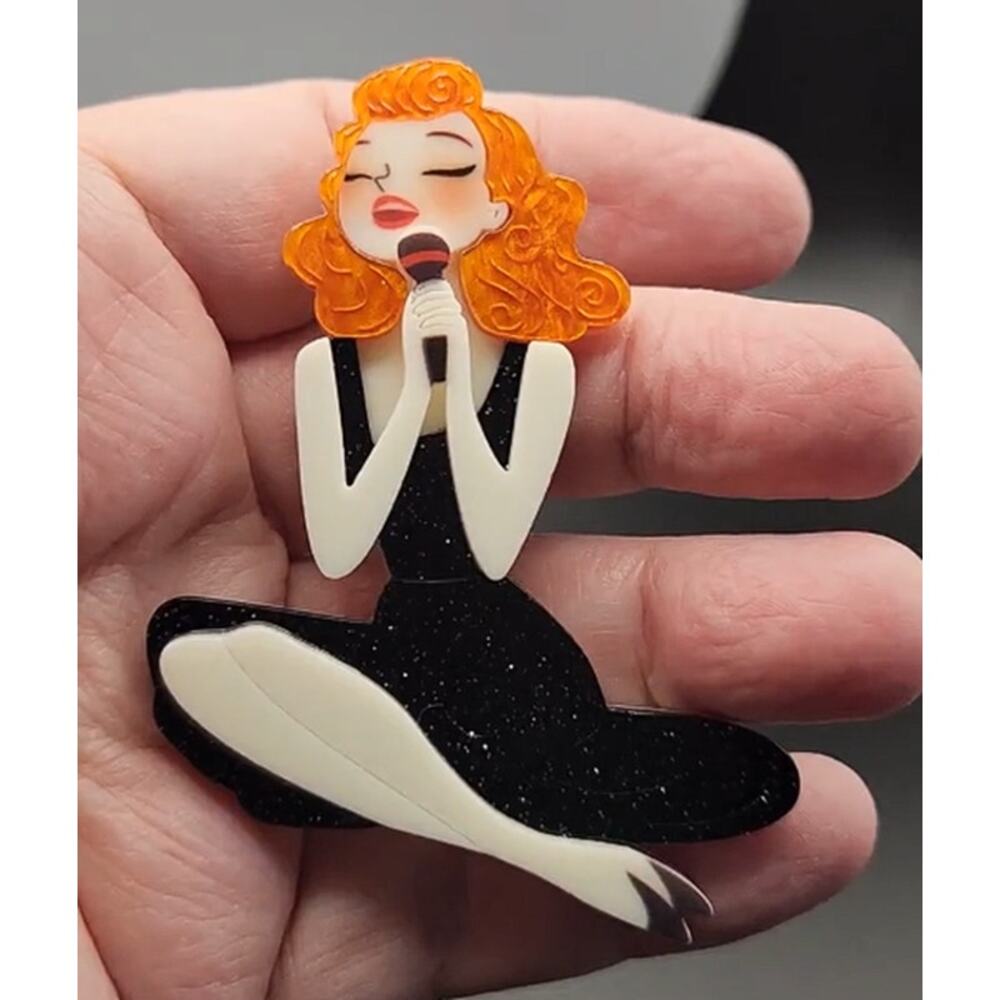 Redhead Lady Singer Acrylic Brooch Sitting with Microphone Black Glittery Dress